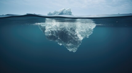Tip of the Iceberg in the water, a large iceberg rock floating on the water, under and over the water view. Generative ai