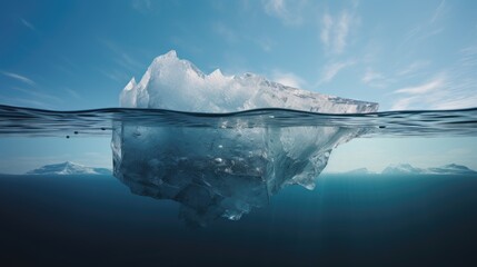 Iceberg in the water, a large iceberg rock floating on the water, under and over the water view. Generative ai