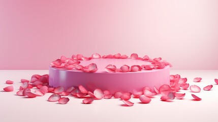 Pink cylindrical podium with rose petals on a pink background. Product showcase. Generative ai