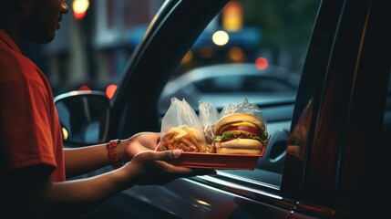 Food takeout was delivered to the car window, drive-through fast food service. Generative ai - obrazy, fototapety, plakaty