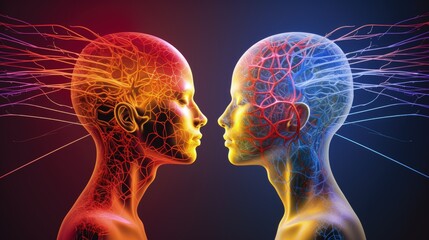 Brain to brain communication telepathy mind to mind transmission solid color background - obrazy, fototapety, plakaty