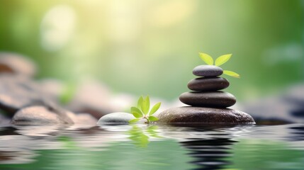 Zen stones stack and green leaves, reflection on the calm water. Generative ai