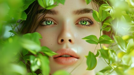 Portrait of beautiful woman with green leaves for natural products advertising. Attrative brunette girl with healthy skin, Smooth face, Beauty treatments, Cosmetics
