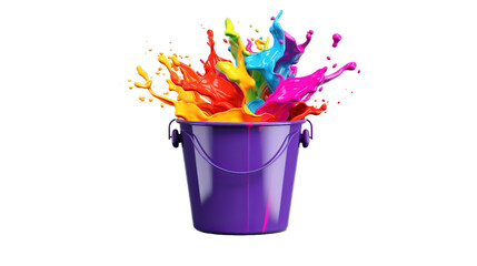 Holi colorful spalsh with bucket full of colors, Isolated on transparent PNG background, Generative ai