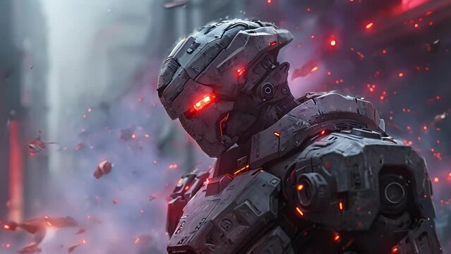 In the midst of a chaotic battle, the biomechanical soldier stands unflinching as bullets ricochet off its cybernetic armor. Its glowing red eyes survey the carnage with Fantasy animatio