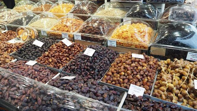  many date fruits display for sale at market in istanbul 