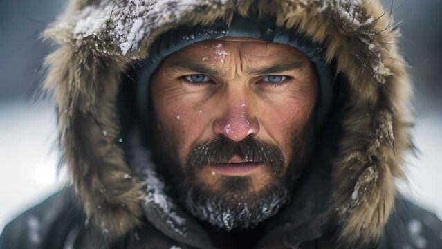 A hunter, his lean physique and intense gaze juxtaposed against the snowy expanse of an icy tundra.