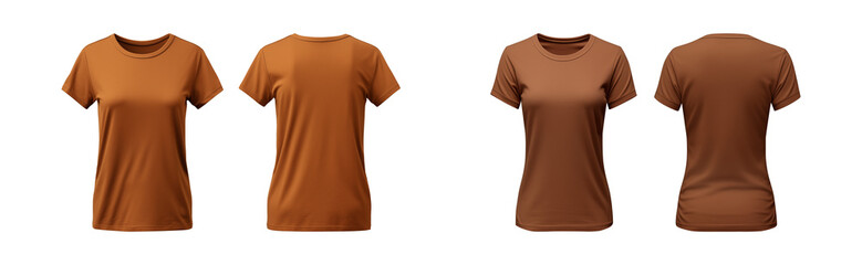 realistic set of female brown t-shirts mockup front and back view isolated on a transparent background, cut out