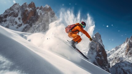 professional skier in mid - jump, captured in 4K, powder snow flying off the skis,