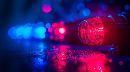 Intense police lights reflect on wet pavement in the night