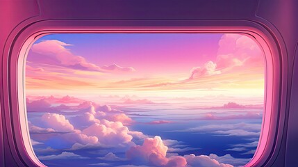 an airplane window wing colorful clouds pink illustration
