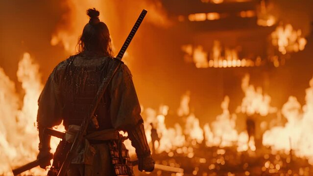 The translucent figure of a samurai materializes amidst the flames of a burning village, his ghostly form holding back the advancing enemy. Fantasy animatio