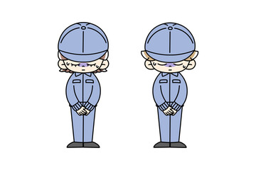 お辞儀する作業服の男女2人