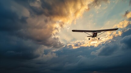 airplane Cesna, flying in the sky at sunset, golden hour, color, clouds, 