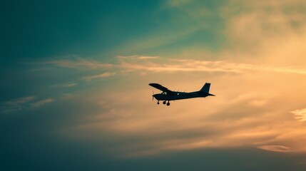 Fototapeta na wymiar airplane Cesna, flying in the sky at sunset, golden hour, color, clouds, 