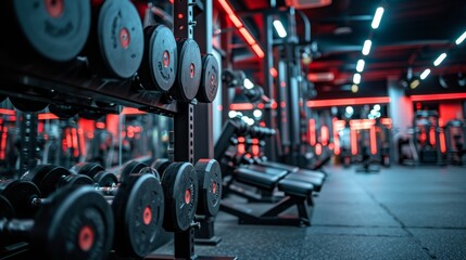 interior of the gym, racks, weights, dumbbells, plates, workout, space