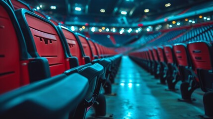 Empty red seats in stadium create an atmosphere of anticipation - obrazy, fototapety, plakaty