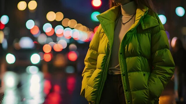Brighten up your winter wardrobe with this standout outfit featuring a neon green puffer jacket, a crisp white turtleneck, and classic black trousers.