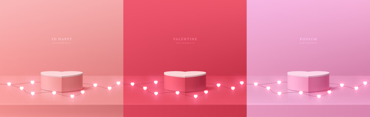Set of 3D valentine day background with pink, red, white realistic podium pedestal. Neon light bulb heart shape on floor. Vector geometric form. Mockup product display. Minimal scene. Stage showcase. - obrazy, fototapety, plakaty