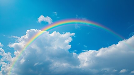 rainbow on the vibrant blue sky and cotton like white clouds, sheep 
