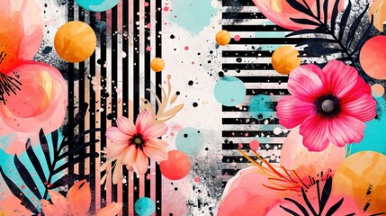 Abstract black peach and rose gold polka dots with terrazzo, doodle, floral digital stamps and overlays in the style of a striped painting. Bold color palette, iconic, charming, colorful geometrics. - obrazy, fototapety, plakaty