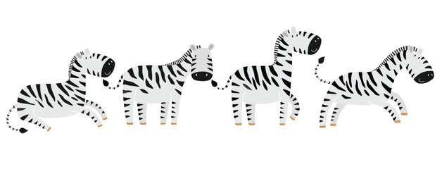 Fototapeta na wymiar Cute zebra cartoon character flat vector illustrations set.