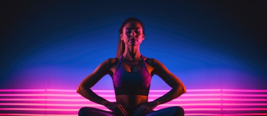 Obraz premium Fit model stretches during Pilates workout under colorful neon lights. Copy space available.