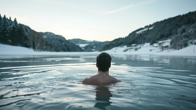 man in the icy water of a winter frozen lake in mountain nature strengthens her immunity by hardening herself