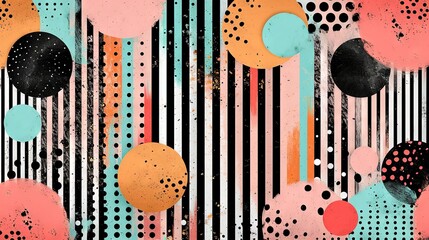 Abstract black peach and rose gold polka dots with terrazzo, doodle, floral digital stamps and overlays in the style of a striped painting. Bold color palette, iconic, charming, colorful geometrics.