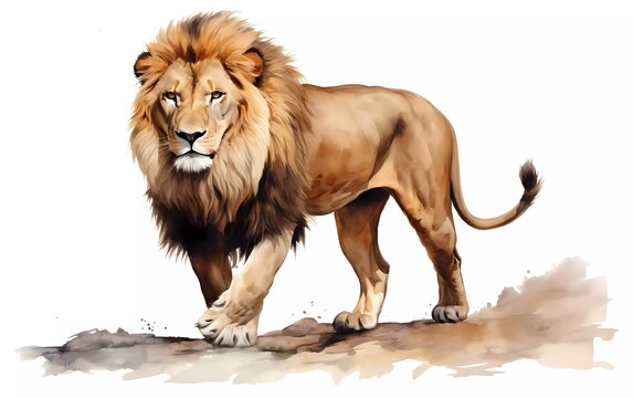 a Lion walking, looking ahead, in watercolor style, white background. generative ai