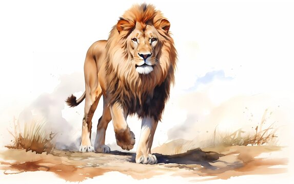 a Lion walking, looking ahead, in watercolor style, white background. generative ai