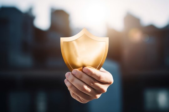 Businessman Holding Shield Protect Icon, Security Protection And Health Insurance. The Concept Of Family Home, Foster Care, Homeless Support, Protection, Health Care Day And Home School, Generative AI