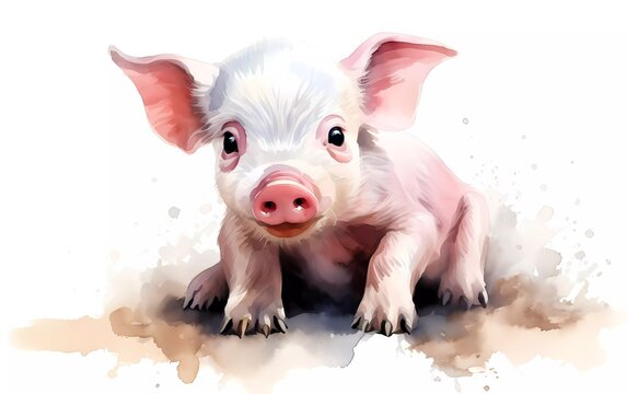 Little pink pig, in watercolor style, white background. generative ai