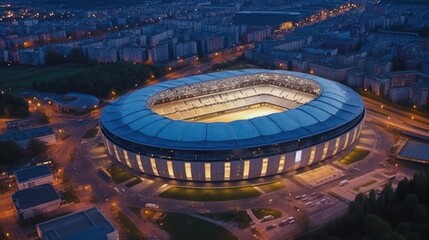 Aerial view on soccer stadium in evening time, Football arena with people city,