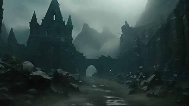 An eerie castle rises from the mist its dark stone walls adorned with sinister symbols and strange runes.