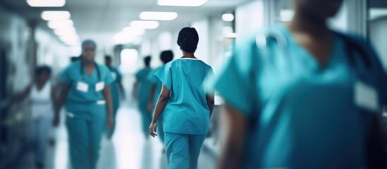 Fototapeta na wymiar Blurred hospital corridor with uniformed African American surgical nursing staff.