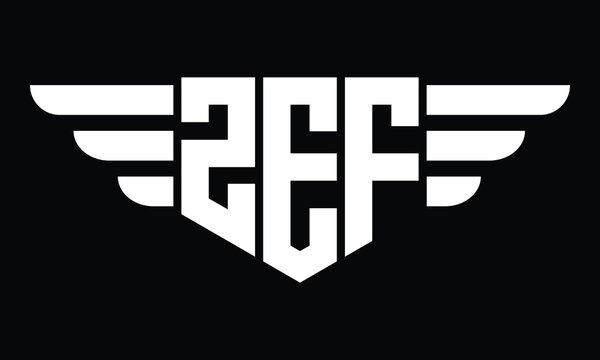 ZEF three letter logo, creative wings shape logo design vector template. letter mark, word mark, monogram symbol on black & white.	