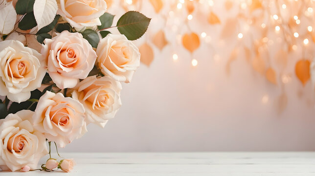 Festive white vertical 2d background with rose and leaves hanging. , event holidays,copy space white