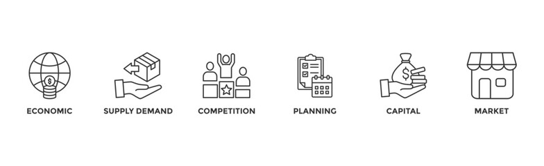 Market economy banner web icon vector illustration concept with icon of economic, supply demand, competition, planning, capital, market	