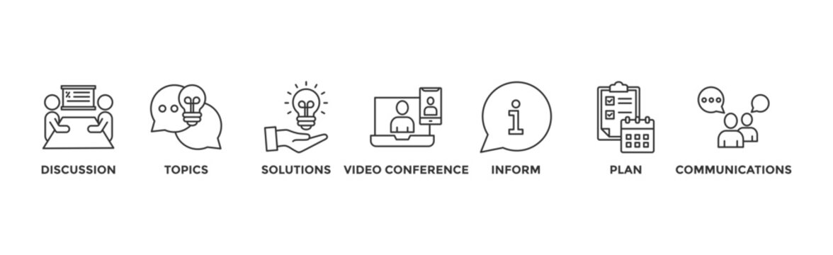 Meeting banner web icon vector illustration for business meeting and discussion with communications, topics, solutions, plan, inform and video conference icon	