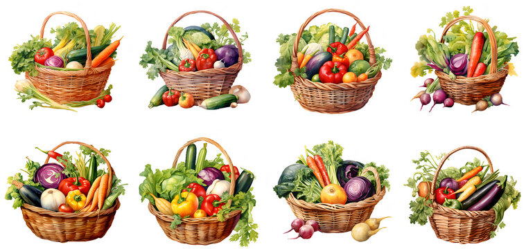 Watercolor various vegetables in basket clipart for graphic resources 