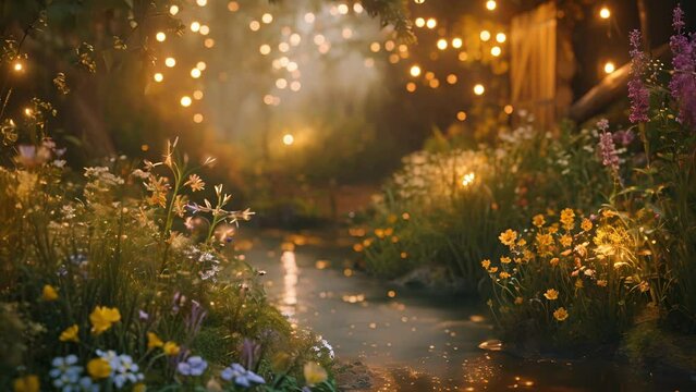 The pixies use their powers to create a hidden sanctuary within the wildflower field, complete with ling fairy lights and a magical pond. Fantasy animatio