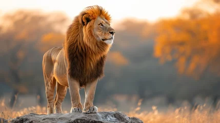 Foto op Aluminium Majestic lion surveying the savannah at golden hour © sopiangraphics