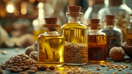 Collection of omega-rich oils in elegant bottles, with seeds and nuts in the background.