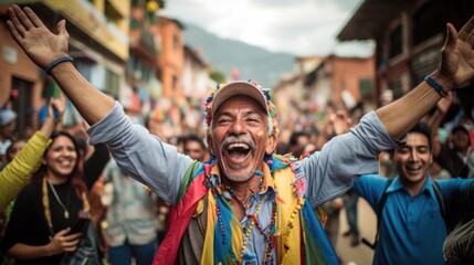 Fototapeta na wymiar Excitement of the Colombian people festival times. Happy man raised his hands up and celebrate in the streets. Generative ai