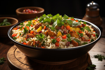 Closeup of Rice fried with fried chicken and pineapple in black bowl on wooden table.