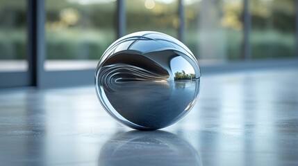 Gleaming spherical object reflecting a peaceful landscape indoors