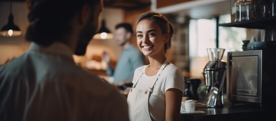 Obraz premium Smiling lady offers hot coffee at coffee shop, barista nearby in white t-shirt and apron.
