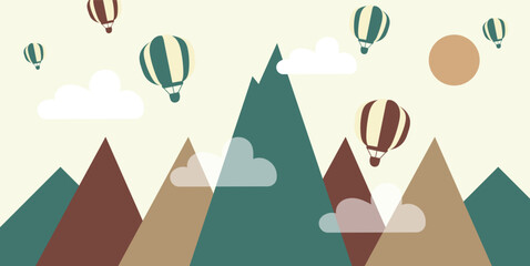 Mountains, balloons and clouds with Doodle style, Vector hand drawn childish wallpaper with Modern 3D wallpaper for the children's room.