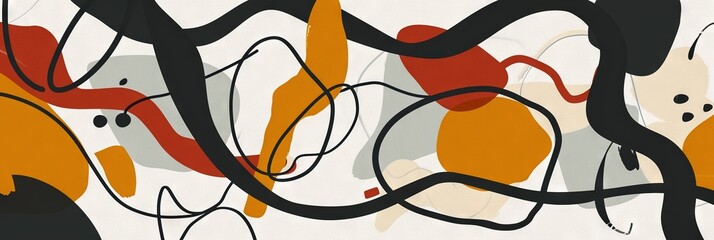 Modern abstract shapes with squiggly doodle black line over for minimalist digital print. Bold color palette, iconic, charming, colorful geometrics. - obrazy, fototapety, plakaty